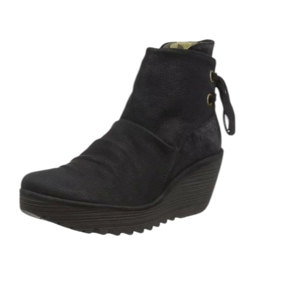 Fly London Yama black suede wedge ankle boots with tie back - Picture 2 of 10